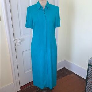 Vintage Adrianna Papell Teal Hidden Button Up Shirt Dress Short Sleeve Pocket 10